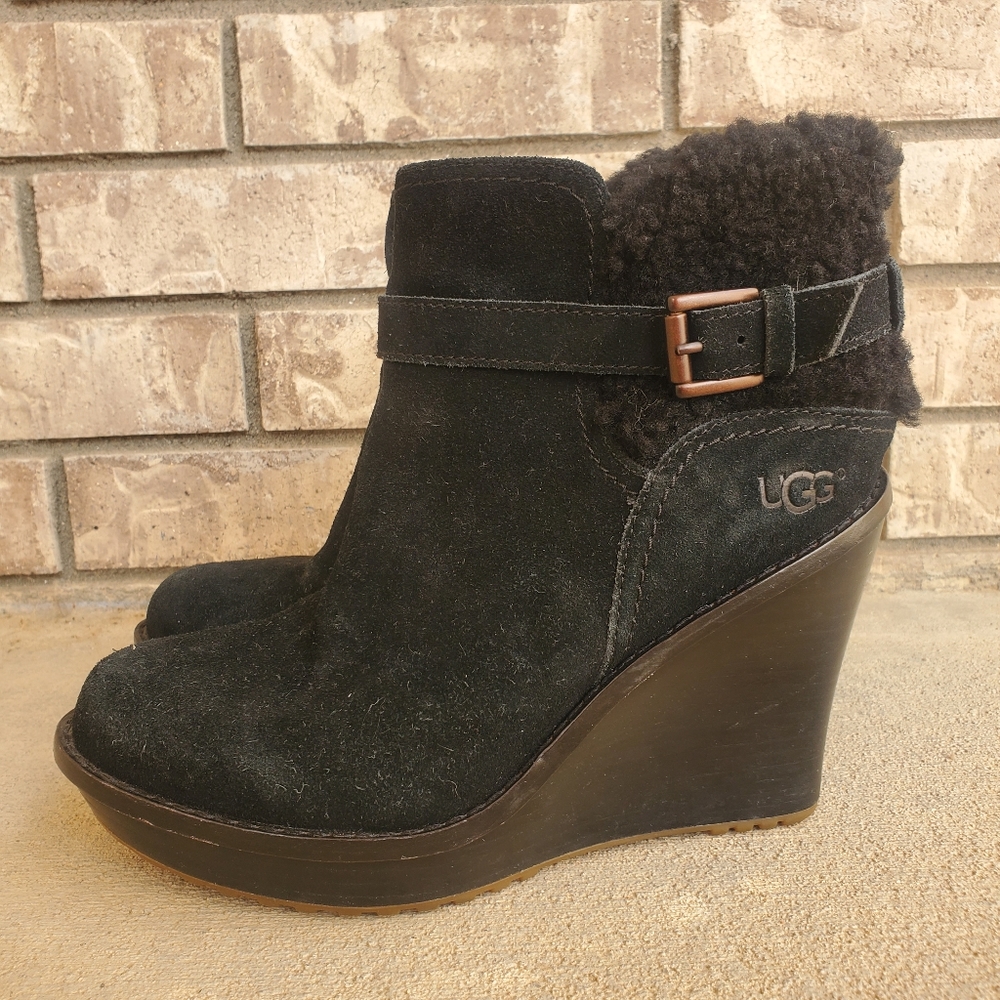 UGG Black Suede Wedge Ankle Boot with Shearling Trim